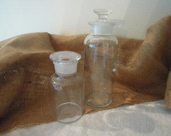 Vintage Pair of Apothecary Bottles / Pair of Druggist Bottles With Ground Stopper Lid / Antique T.C.W Pharmacy Storage