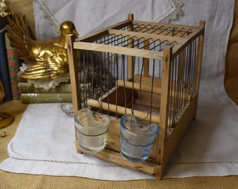 Vintage French Bird Cage Wood with Glass Pots / Collectible Wood and Wire Bird Cage