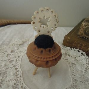 Antique Victorian Carved Coquilla Nut Mini Chair Pin Cushion / Collectable Pin Cushion / Antique Chair Pin Cushion / Sewing Notions