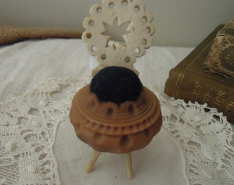 Antique Victorian Carved Coquilla Nut Mini Chair Pin Cushion / Collectable Pin Cushion / Antique Chair Pin Cushion / Sewing Notions