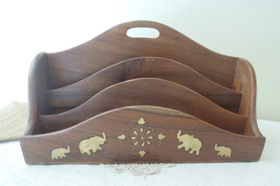 Hand Made Solid Wood Letter Rack with Elephant Detail Wooden Desk Tidy 
