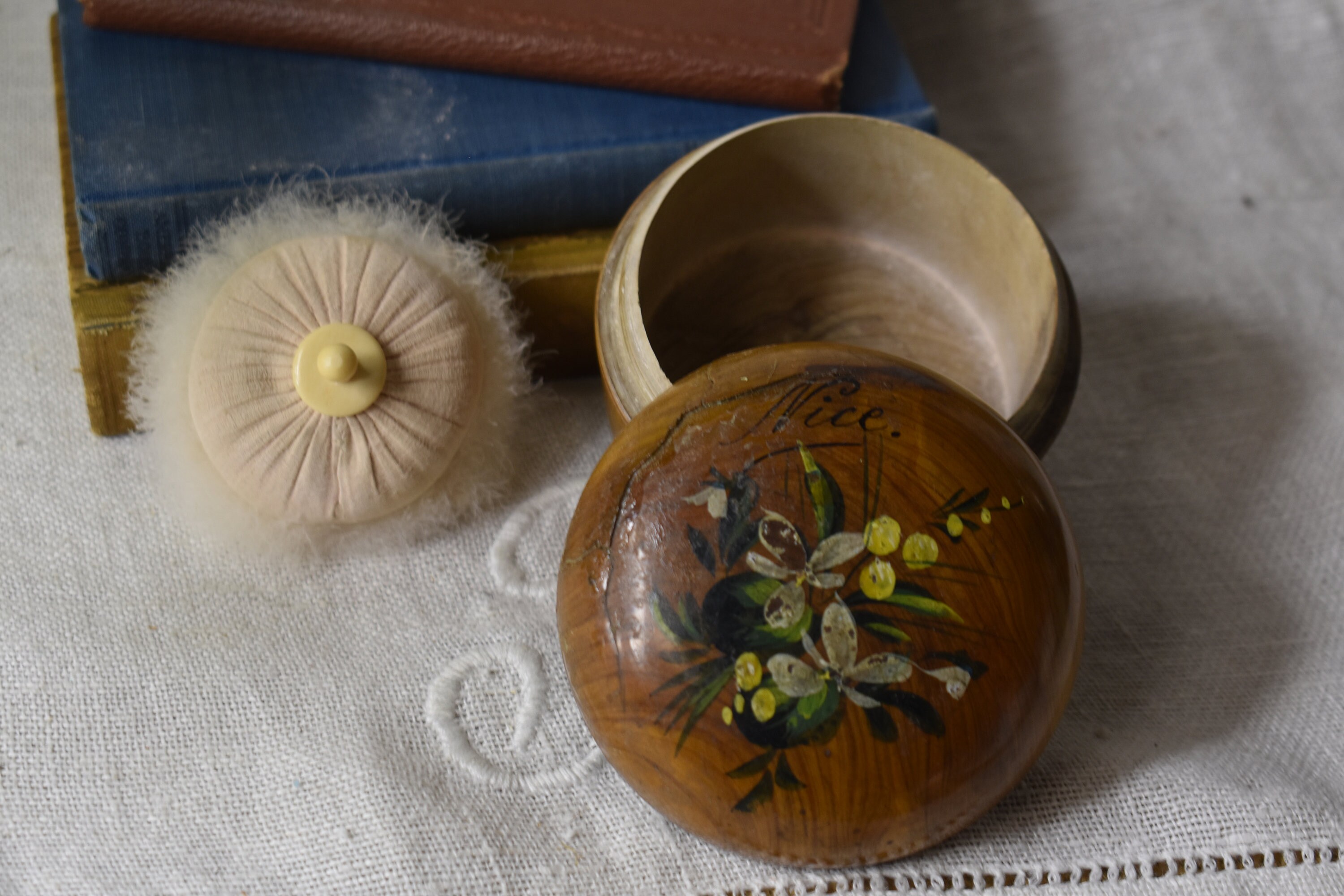 Antique French Wood Powder Jar / Hand Painted Victorian Powder Jar 