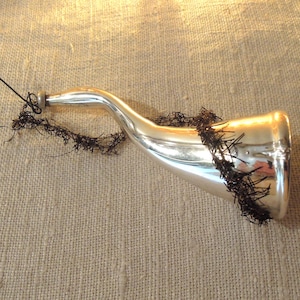 Vintage Victorian Horn Ornament / Christmas Horn Ornament / Mercury Glass and Tinsel Victorian Musical Instrument