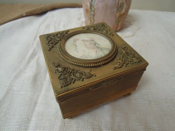 Vintage French Pink Silk Brass Box / Antique Napo… - image 2