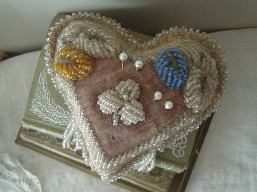 Antique Vintage Pin Cushion / Iroquois Beaded Pin Cushion / Heart Shaped Souvenir Pin Cushion Etsy