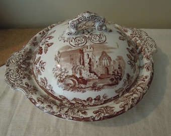 Vintage Round Ironstone Tureen / Antique Brown Transferware Ironstone Tureen / Made in English