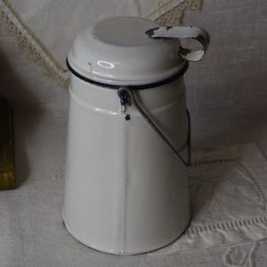 Vintage Enamel Billy Pitcher / White and Black Pitcher / White Enamel Pitcher with Cup