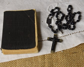 Vintage French Rosary and Antique New Testament Bible / Vintage Wood Bead Relic Lourdes Rosary / Made in France