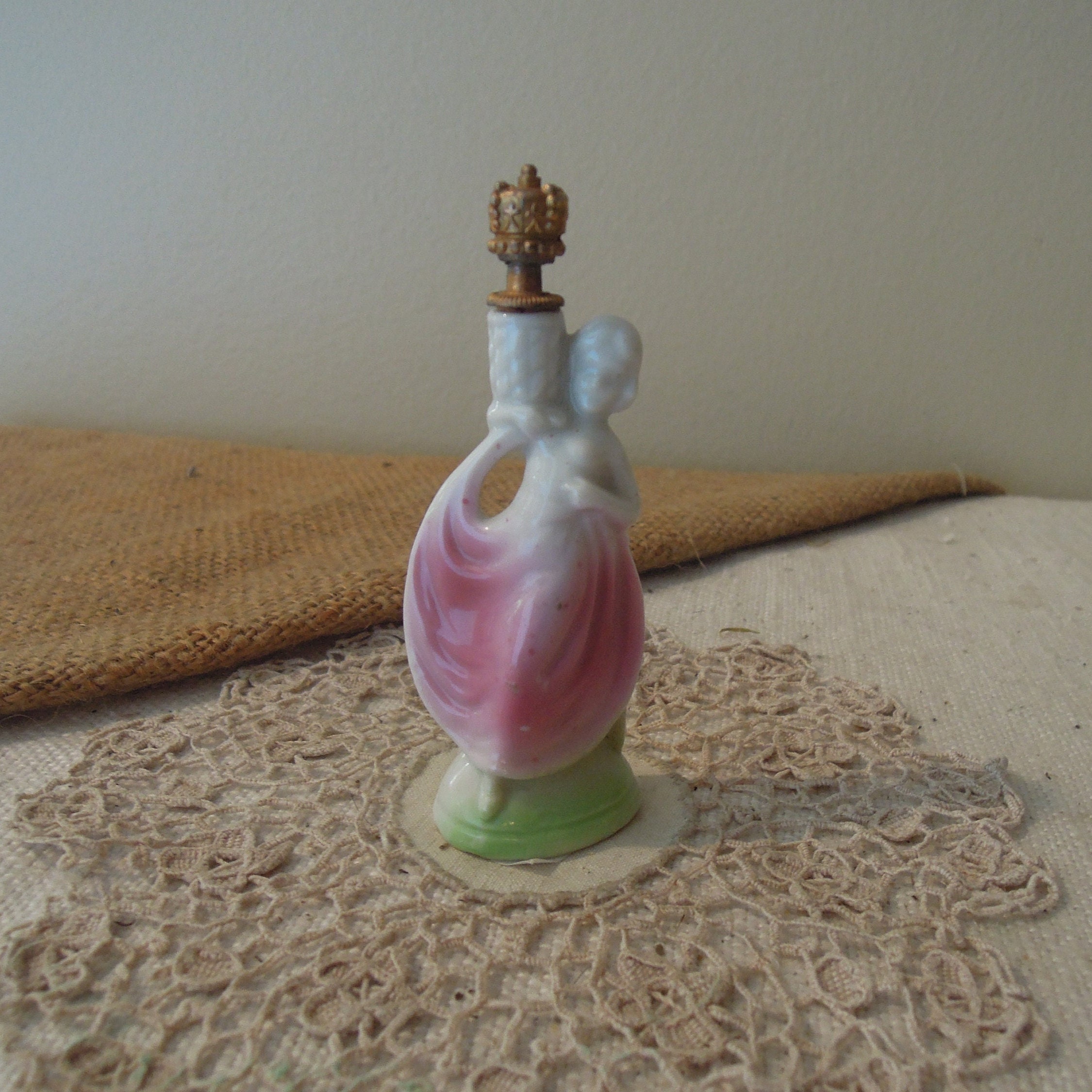 Vintage German Crown Top Perfume Bottle Victorian Woman in Pink