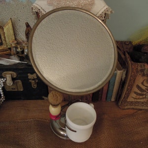 Antique Shaving Stand Mirror / Shaving Mirror With White Milk Glass Cup And Brush