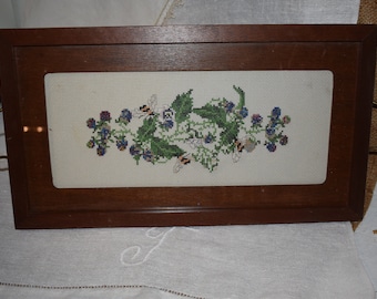 Vintage Wood and Glass Tray with Stitchery of Bees and Flowers / Vintage Perfume Tray / Dresser Vanity Tray / Wood And Brass Tray