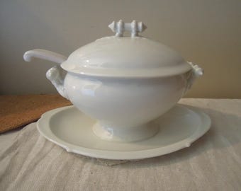 Vintage Tureen with Ladle and Lid / Antique White Ironstone Tureen Attached Underplate / Marked H & Co. / Made in France