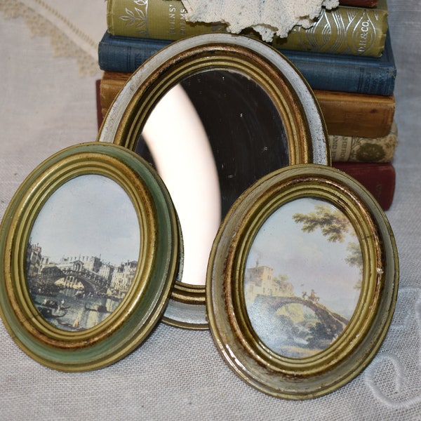 Vintage Trio of Florentine Mirror and Landscapes / Small Plastics Italian Frames