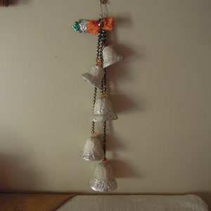 Vintage Christmas Swag Of Five Bells / Paper Mache Foil Bells with Mercury Glass Garland Beads / Made in Japan