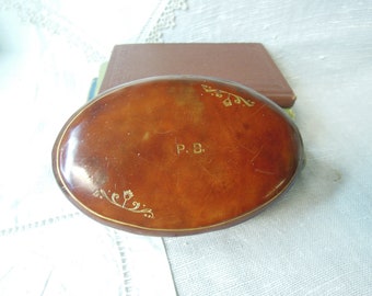 Pudełko włoskie w stylu vintage / Monogramowane pudełko P B Owalne brązowe skórzane / Skórzane pudełko na prezent włoskie