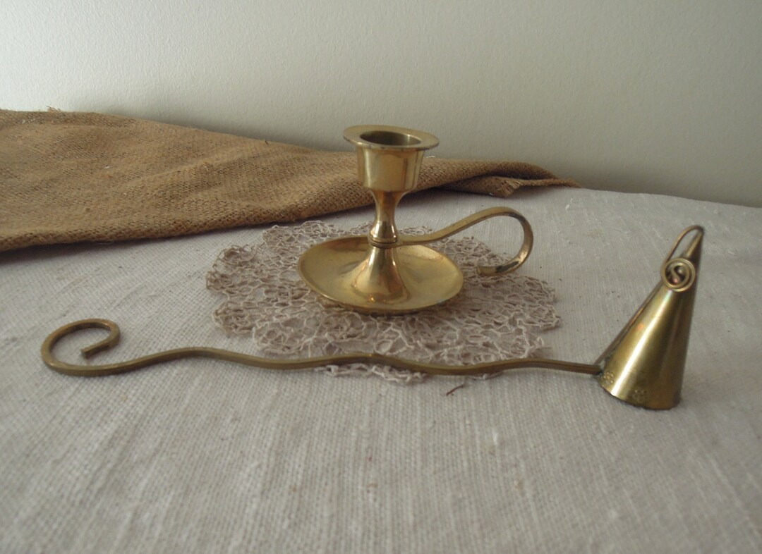 Vintage Brass Candle Holder and Snuffer / Chamber Gold Brass Candle