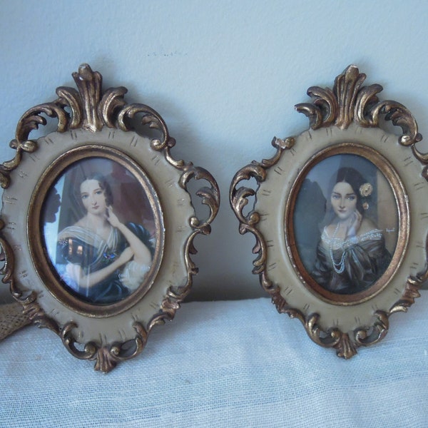 Antique Pair of Signed Portraits in Ornate Florentine Oval Frames / Vintage Oval Gold Italian Pair of ladies Signed Portraits