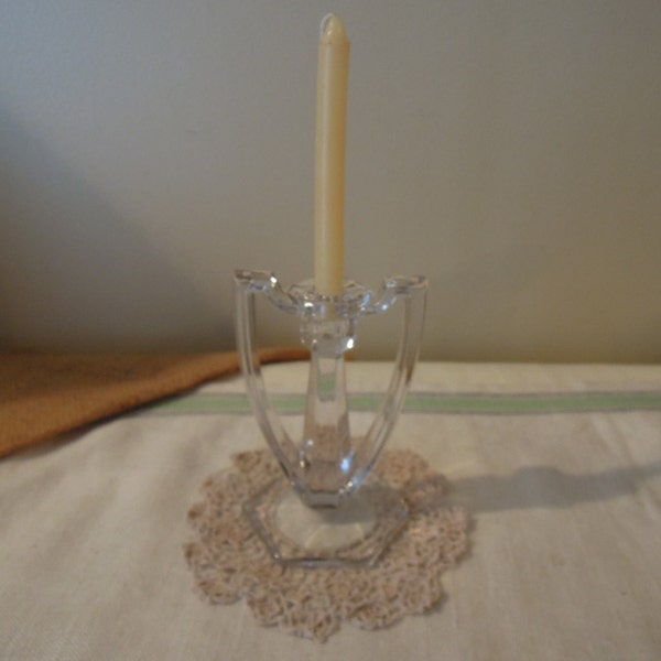 Vintage Art Deco Glass Candle Holder / Krystol EAPG Small Clear Glass Candle Holder / Antique Chippendale Ohio Flint Glass