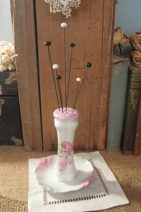 Vintage German Hat Pin Trinket Dish / Antique Victorian Hat Pin Holder / Black And White Glass Hat Pins