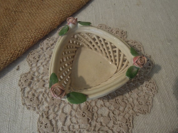 Vintage Capodimonte Small Basket / Made In Italy / Twisted Weave Basket With Pink Roses