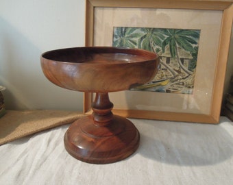 Antique Walnut Wood Pedestal Bowl  / Vintage Wooden Bowl / Wood Bowl Décor / Hand Turned Wood Bowl