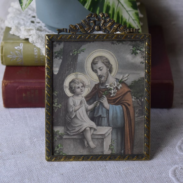 Vintage Picture of St. Joseph and Child Jesus / Antique Brass Ormolu Bow Top Picture Frame / Made in Germany