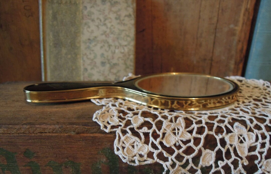 Vintage Black Hand Mirror / Black Lacquer Hand Mirror / Small Purse Mirror / Small Vanity Hand