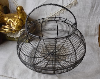 Vintage French Wire Bowl Basket / Farmhouse Basket / Antique French Wire Egg Basket / Country Basket / French Country Gathering Basket