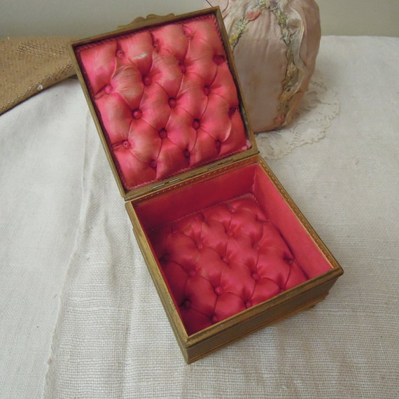 Vintage French Pink Silk Brass Box / Antique Napo… - image 1
