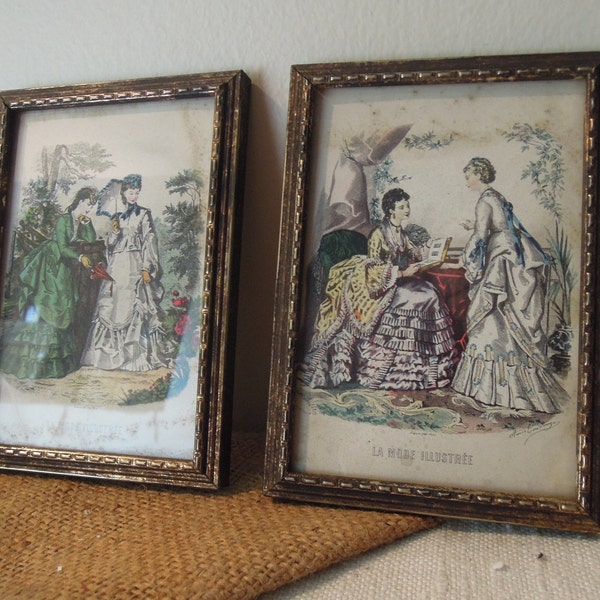 Antique French Pair of Pictures / Antique La Mode Illustree / Hand Colored Engravings / Signed Anars Tordouze