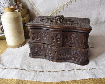 Antique Carved Victorian Box / Black Forest Wood Sewing Box / Vintage Jewelry Storage