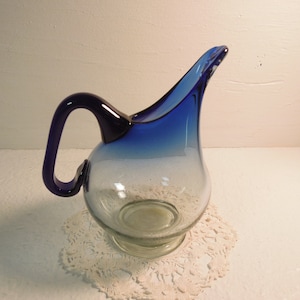 Vintage Hand Blown Art Glass Cruet or Vase / Cobalt Blue Top Glass Creamer /  Heavy Mixed Color Glass with Pontil