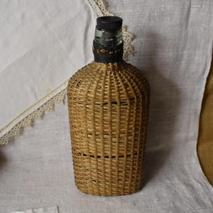 Vintage French Wicker Bottle / Picnic Basket Wicker & Glass Bottle / Antique Flask Wicker Bottle