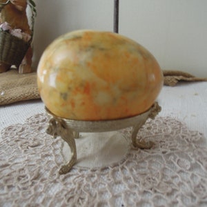 Vintage Easter Decor / Yellow Egg and Gold Base / Vintage Marble Alabaster Egg