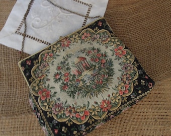 Vintage Black Tapestry Purse / Black Handbag 1940's / Floral And Brass Clasp Evening Bag
