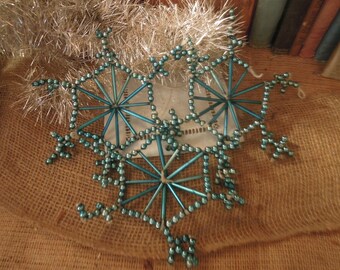 Vintage Set of 3 Mercury Glass Beaded Snow Flakes / Beaded Christmas Tree Ornament / Made in Czechoslovakia