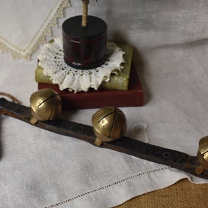 Vintage Brass Bells and Leather Hanging Strap / Front Door 3 Hanging Bells