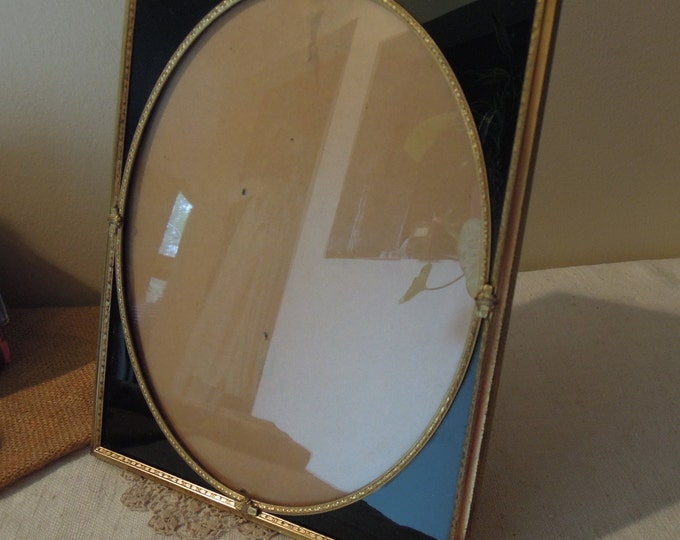 Vintage Bronze Metal & Black Glass Frame / Antique Bronze Frame With