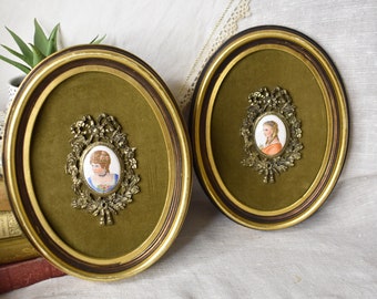 Par de cuadros antiguos de Limoges / Detalle de Limoges francés / Terciopelo verde de Limoges