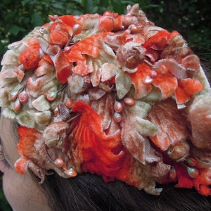 Vintage Orange Brown and Green Floral Hat 50s Chapette / Bandeau Style Floral Headband / Vintage Derby Fascinator