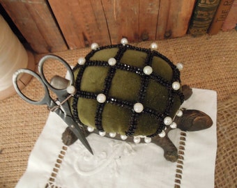 Vintage Turtle Pincushion OOAK / Cast Iron Turtle Pin Cushion / Victorian French Jet Black Beaded Trim