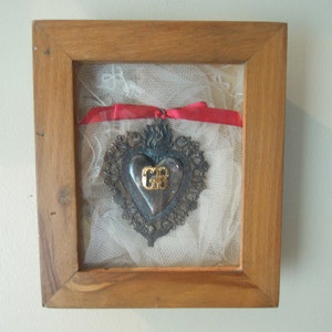 Vintage Framed Flaming Sacred Heart Memento / Framed Antique Italian Ex-voto Sacred Heart