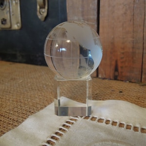 Vintage Globe Glass Etched Paper Weight / Vintage Office Desk Decor / Clear Art Glass Frosted World Globe w/ Stand