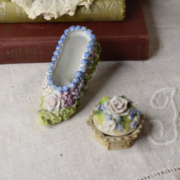 Vintage Elfinware Mossware / Vintage Small Porcelain Shoe and Trinket Box / Made in Germany