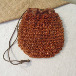 Vintage Glass Beaded Drawstring Purse / Antique Victorian Gold Beaded Bag