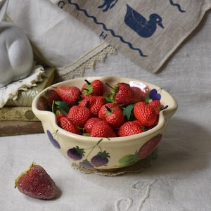 Vintage Ceramic Pottery Colander / Cream with Fruit Slotted Bowl / Strainer Farmhouse Décor
