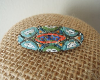 Antique Mosaic Glass Brooch / Vintage Italian Micro Mosaic Pin / Victorian Floral Micro Mosaic Brooch