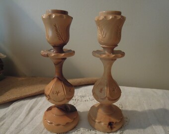 Vintage par de portavelas de madera tallada / dos portavelas de madera de olivo