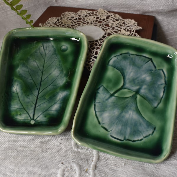 Vintage Pottery Trinket Dish / Two Green Glaze Leaf Dishes / Made in USA Marked Robb