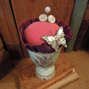 Vintage Handmade Pin Cushion OOAK / Vintage Sewing / Re purposed English Egg Cup / Hand Made Pin Cushion / Vintage Pink Velvet Pin Cushion
